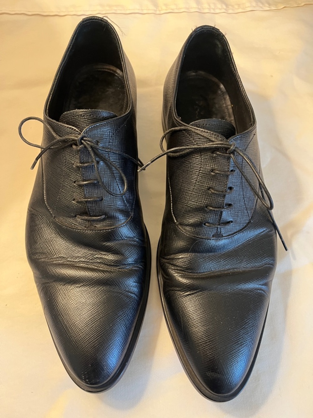Prada Black Textured Leather Oxford Lace-Up Shoes